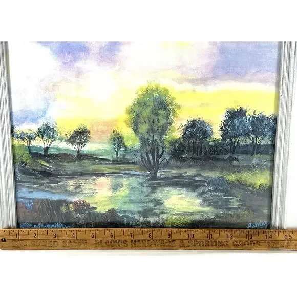 Ashley 1995 Framed Landscape Print Trees at Sunset Pond Reflection Art 15x12 - Picture 4 of 6